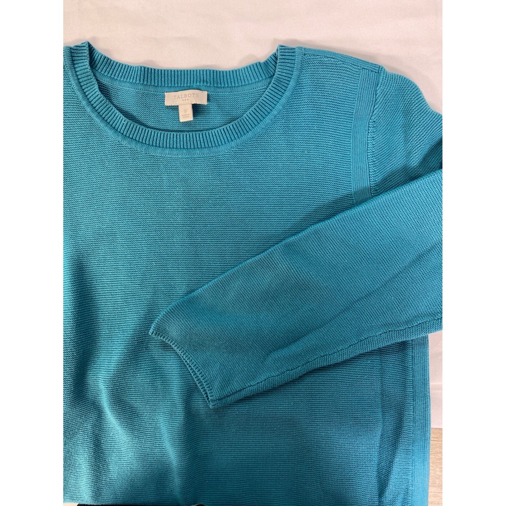 Talbots Women S Teal Blue Cotton Blend Knit Top Crew Neck 3/4 length Sleeve